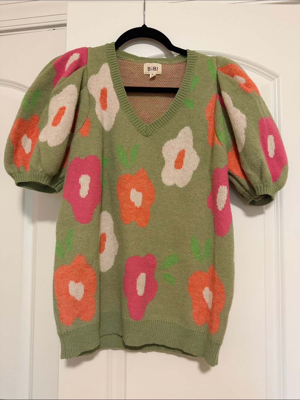 BiBi Olive Green V-Neck Sweater with Pink, Orange and Cream Floral Pattern